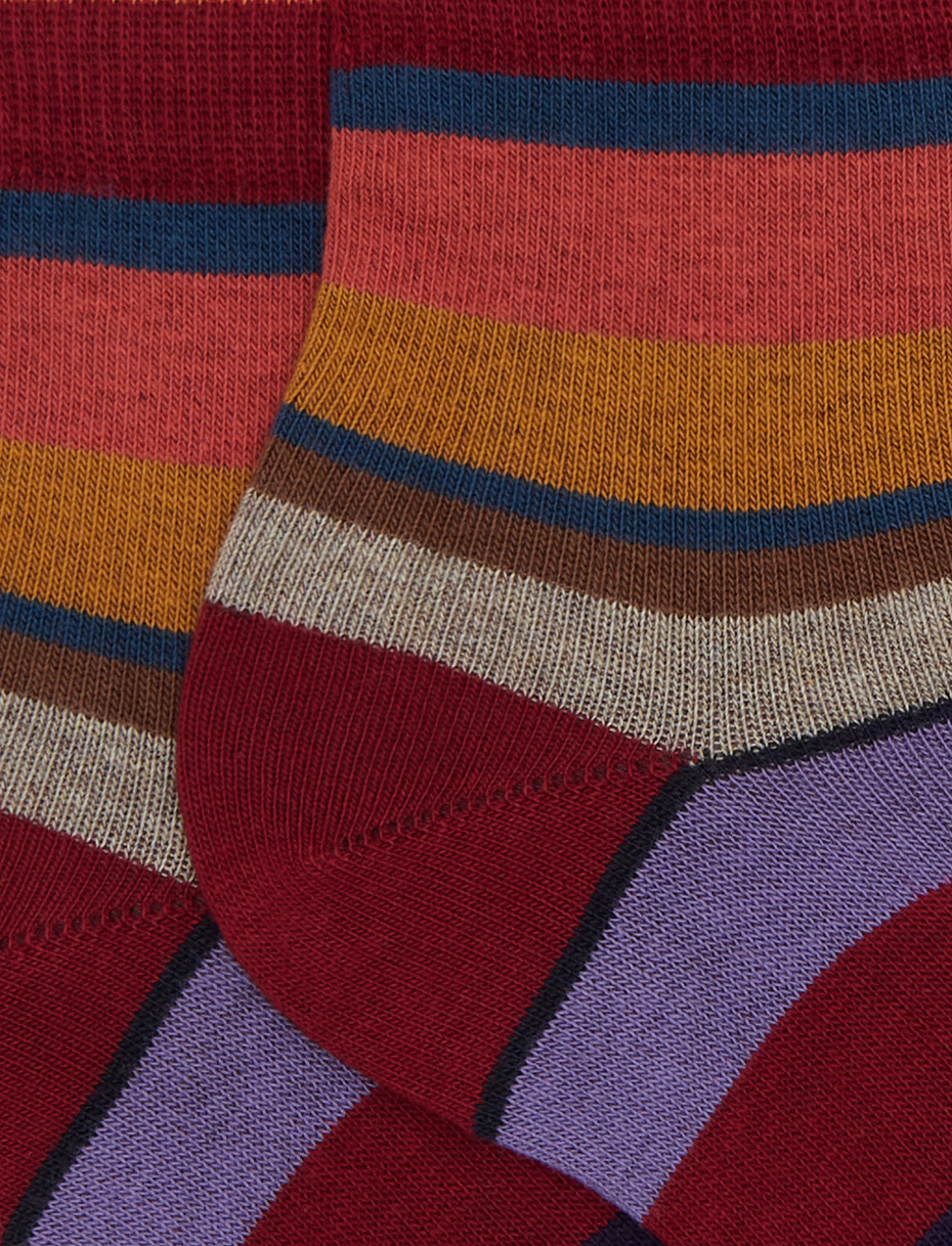 Women's super short burgundy cotton socks with multicoloured stripes - Gallo 1927 - Official Online Shop