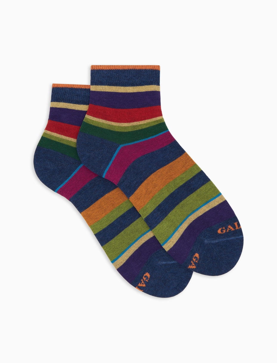 Women's super short blue cotton socks with multicoloured stripes - Gallo 1927 - Official Online Shop