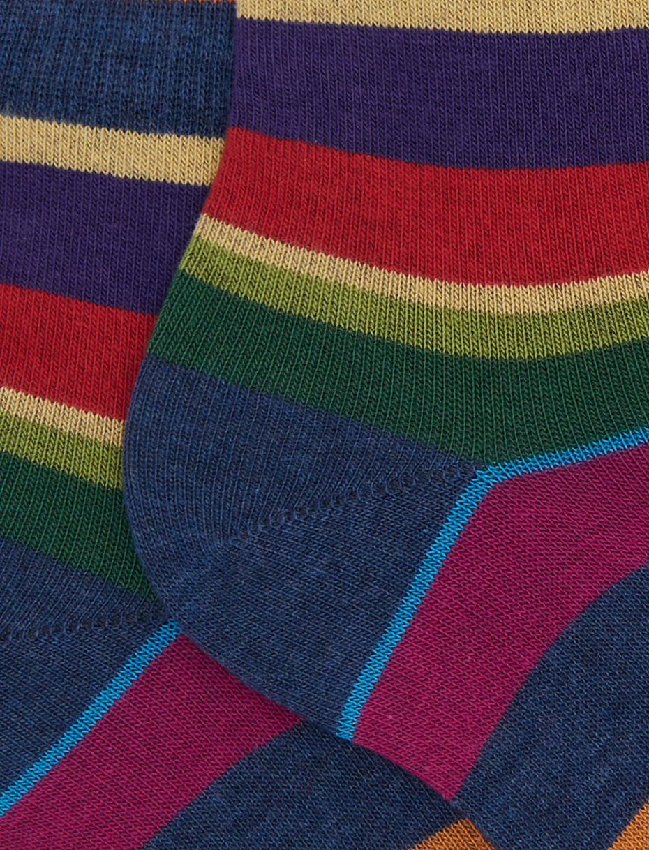 Women's super short blue cotton socks with multicoloured stripes - Gallo 1927 - Official Online Shop