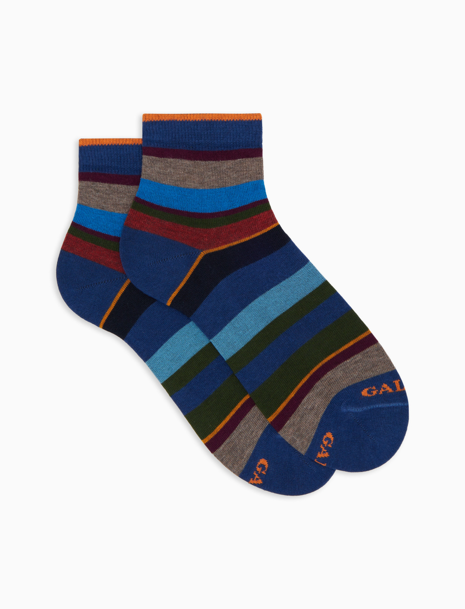 Women's super short blue cotton socks with multicoloured stripes - Gallo 1927 - Official Online Shop