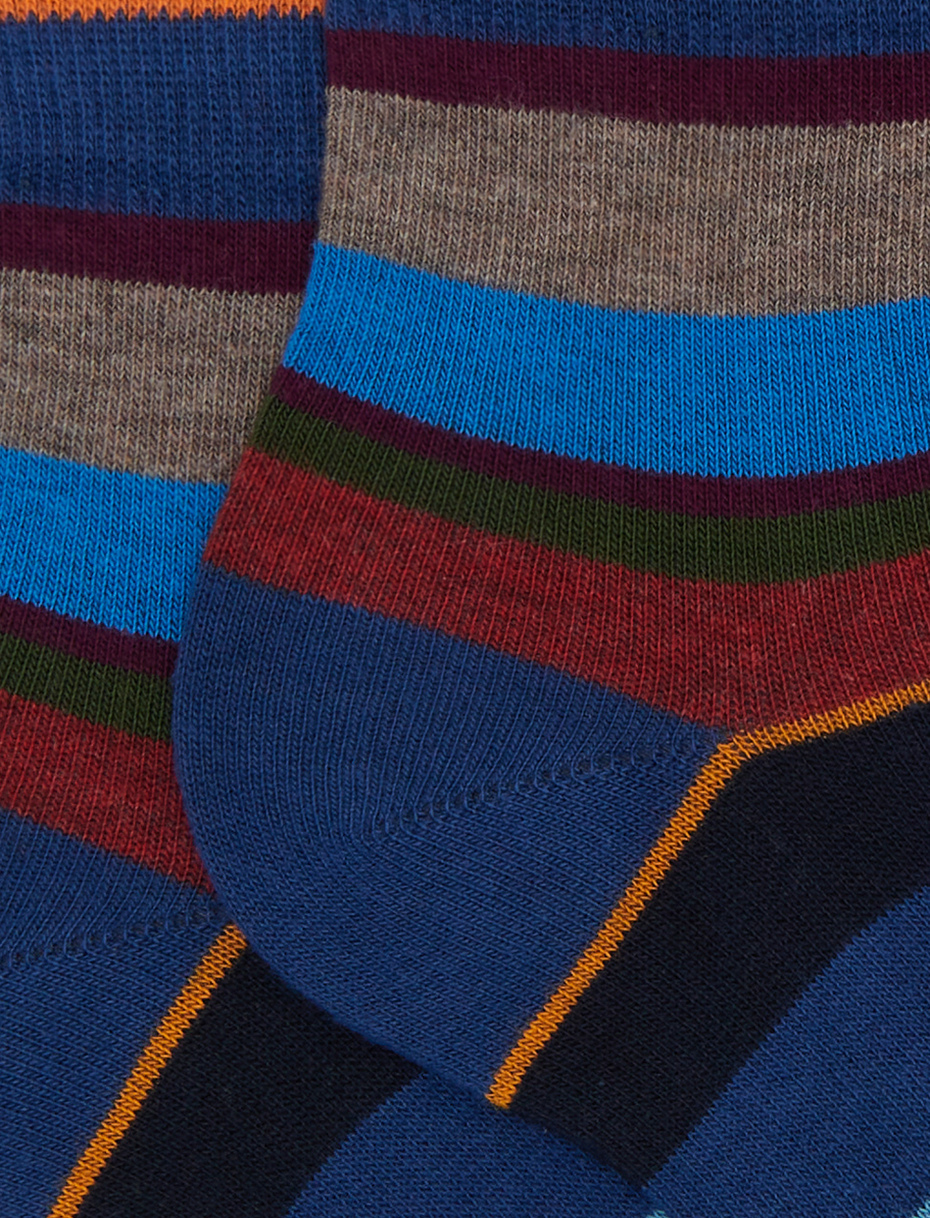Women's super short blue cotton socks with multicoloured stripes - Gallo 1927 - Official Online Shop