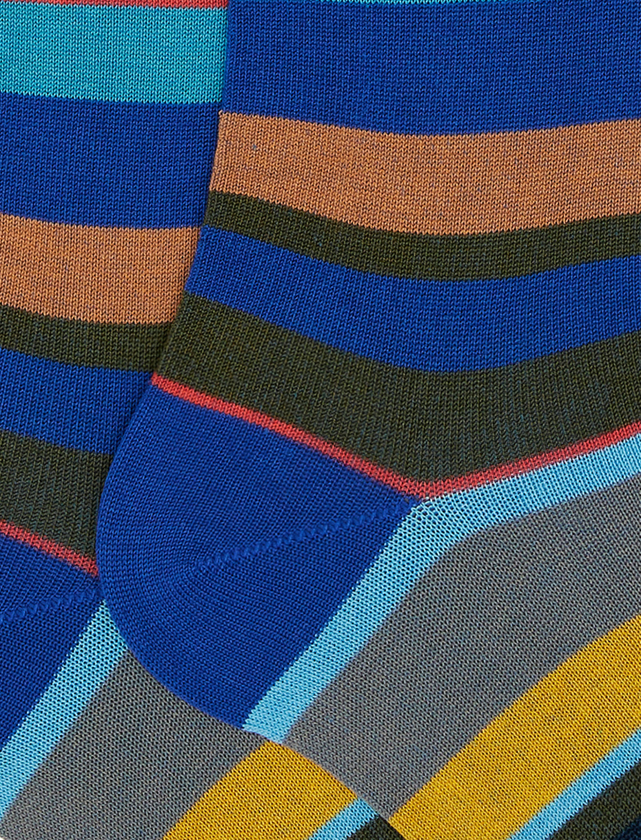 Women's long cobalt blue lightweight cotton socks with multicoloured stripes - Gallo 1927 - Official Online Shop