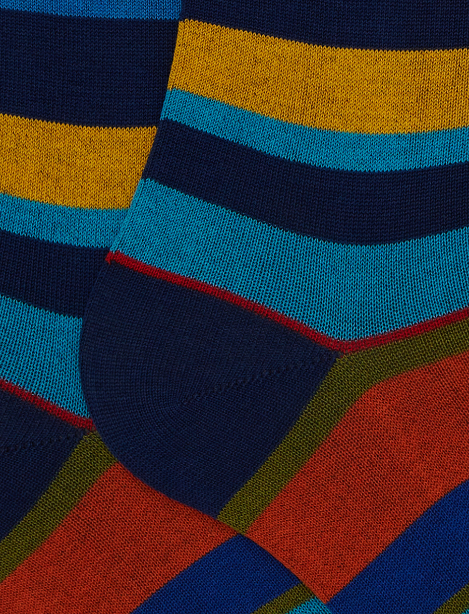 Women's long blue cotton socks with multicoloured stripes - Gallo 1927 - Official Online Shop