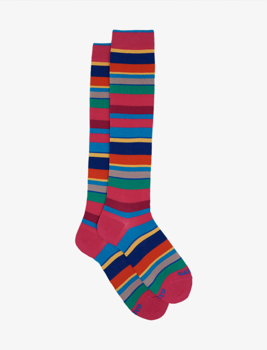 Women's long hyacinth light cotton socks with multicoloured stripes - Gallo 1927 - Official Online Shop