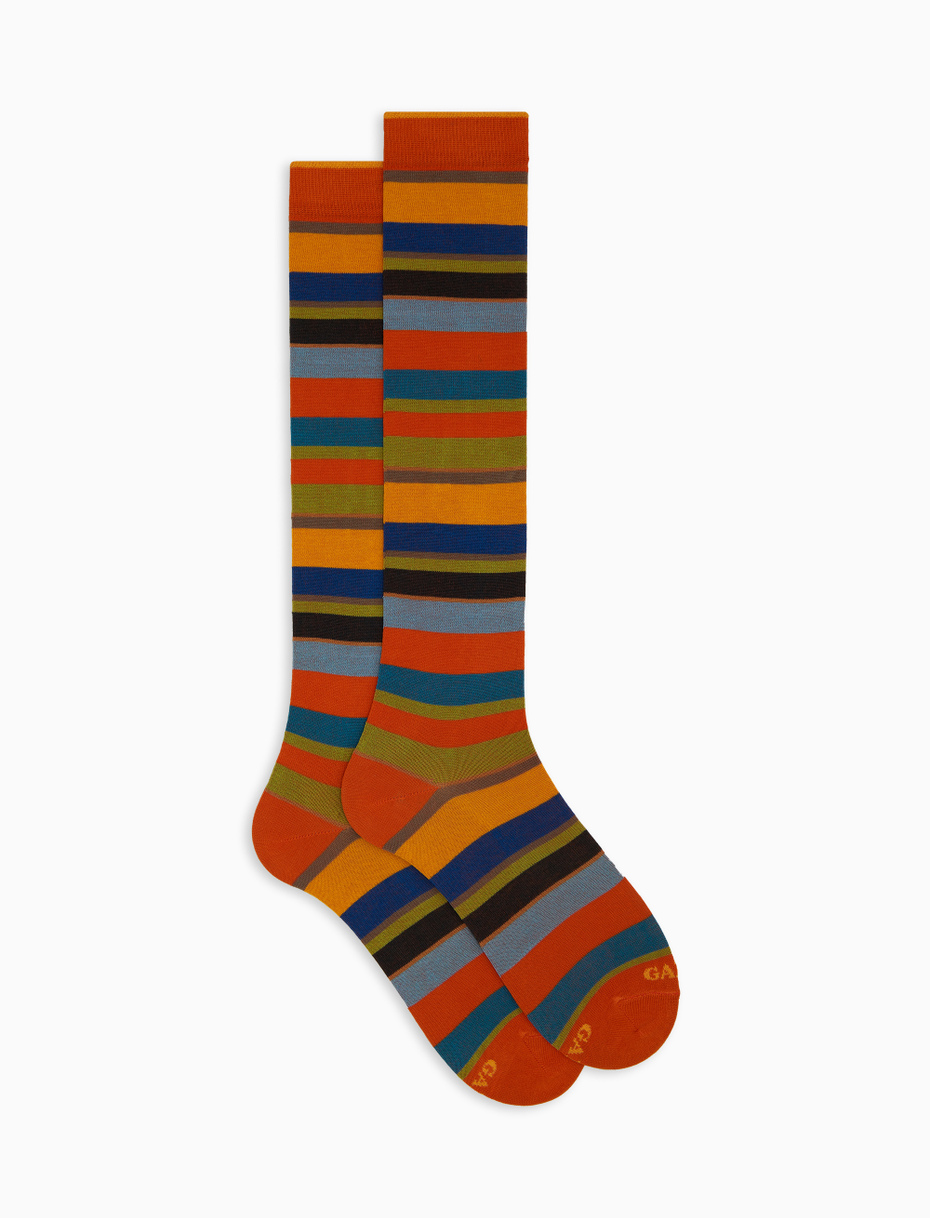 Women's long orange cotton socks with multicoloured stripes - Gallo 1927 - Official Online Shop