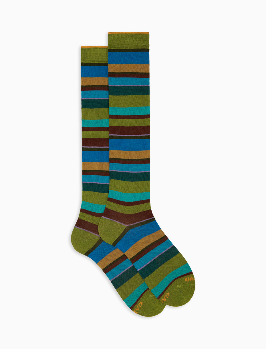 Women's long green cotton socks with multicoloured stripes - Gallo 1927 - Official Online Shop