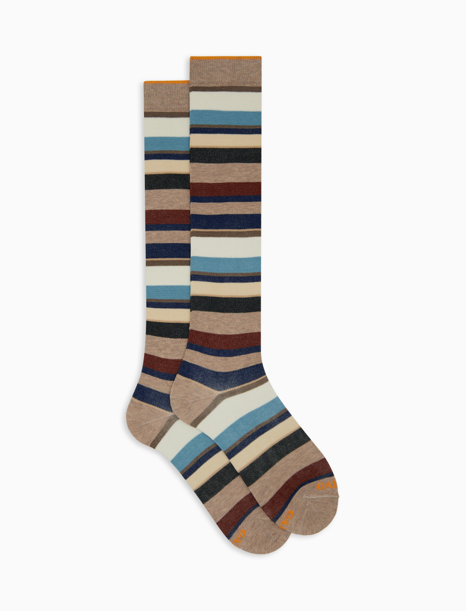 Women's long beige cotton socks with multicoloured stripes - Gallo 1927 - Official Online Shop