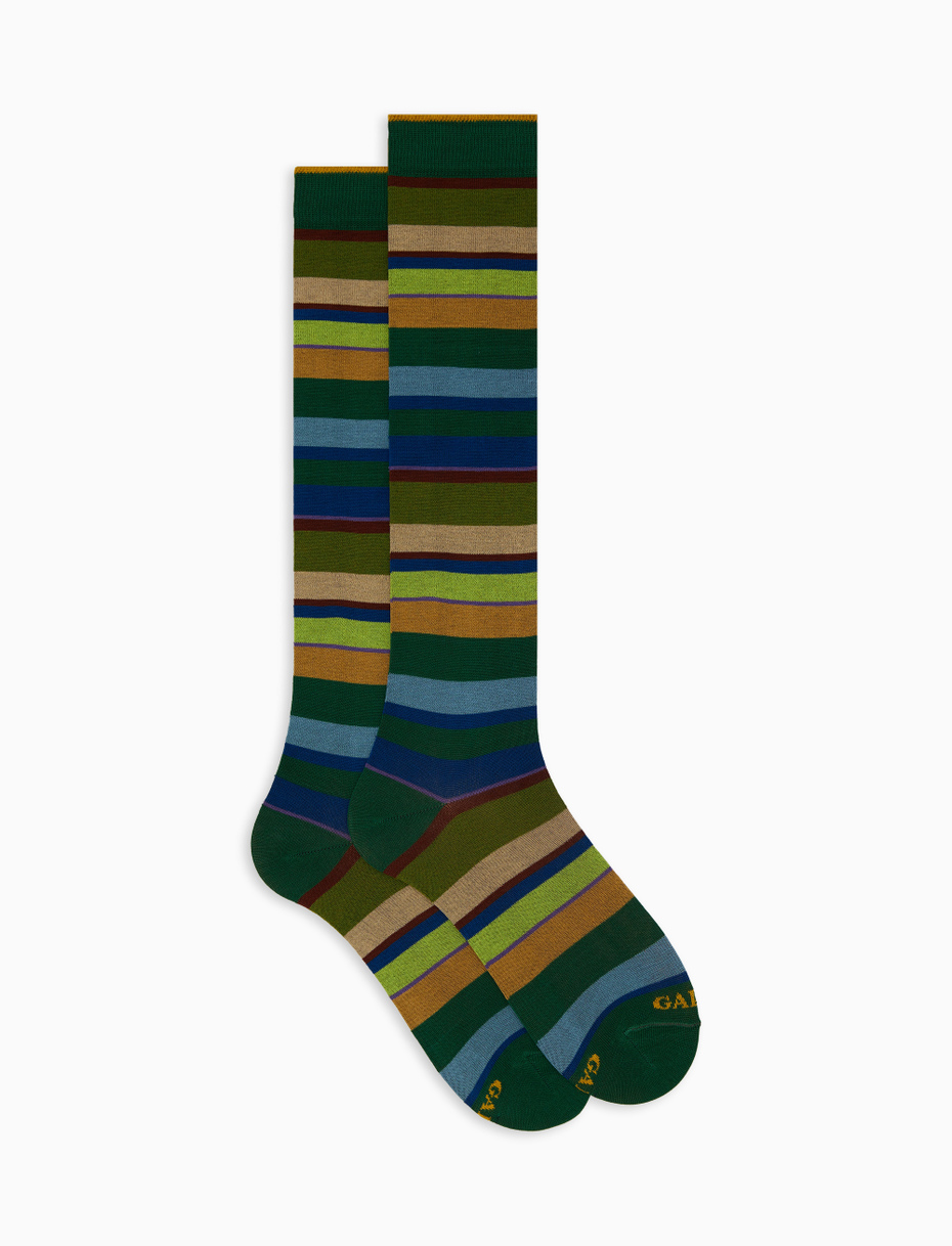 Women's long green cotton socks with multicoloured stripes - Gallo 1927 - Official Online Shop