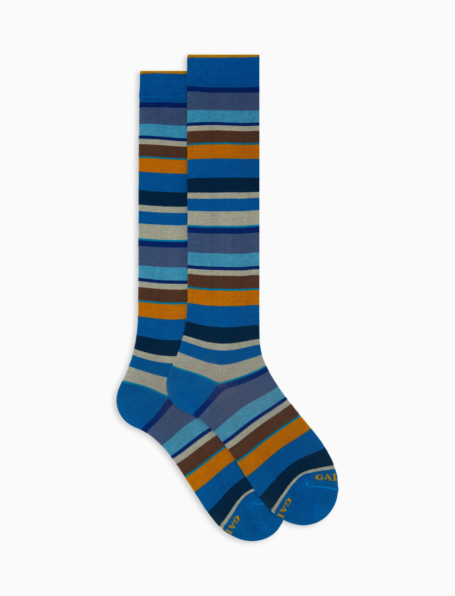 Women's long light blue cotton socks with multicoloured stripes - Gallo 1927 - Official Online Shop