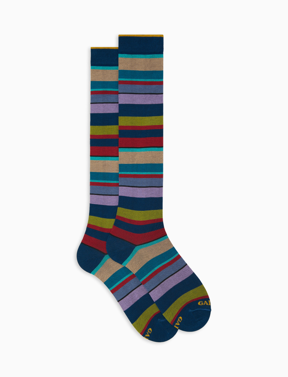 Women's long blue cotton socks with multicoloured stripes - Gallo 1927 - Official Online Shop