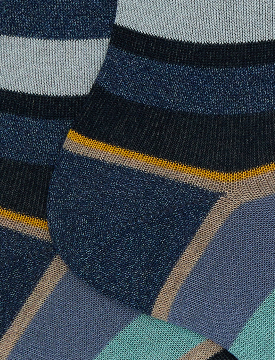 Women's short blue cotton socks with multicoloured stripes - Gallo 1927 - Official Online Shop