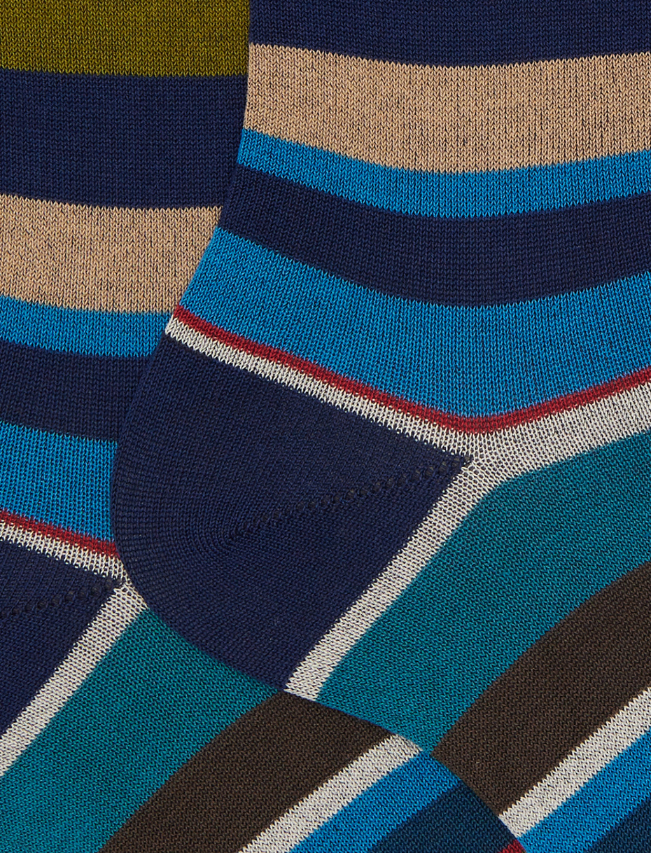 Women's short blue cotton socks with multicoloured stripes - Gallo 1927 - Official Online Shop