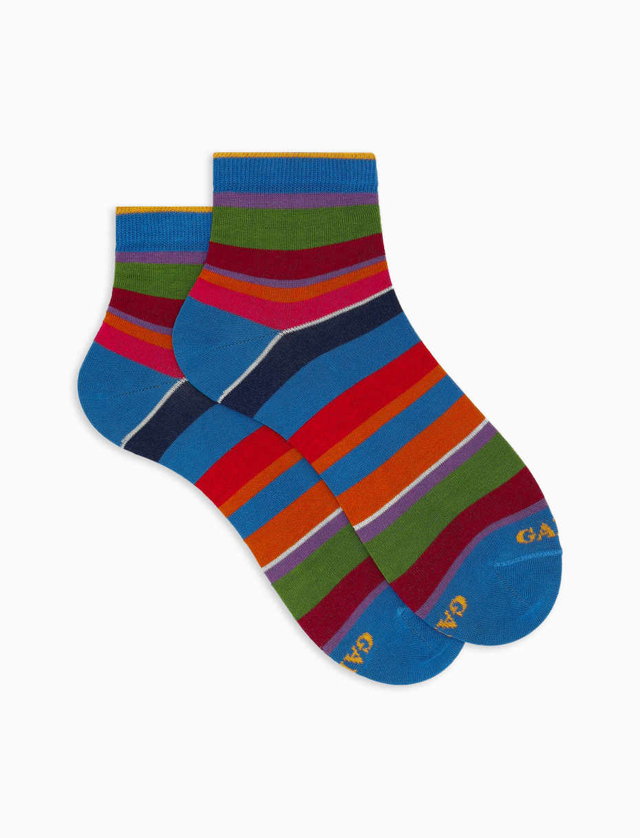 Women's super short light blue cotton socks with multicoloured stripes - Gallo 1927 - Official Online Shop