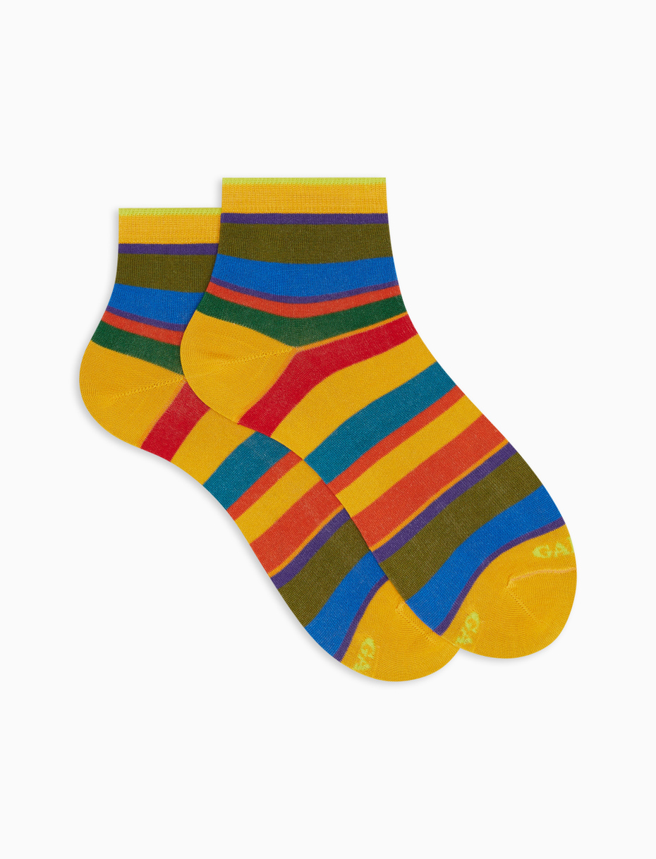 Women's low-cut narcissus yellow lightweight cotton socks with multicoloured stripes - Gallo 1927 - Official Online Shop