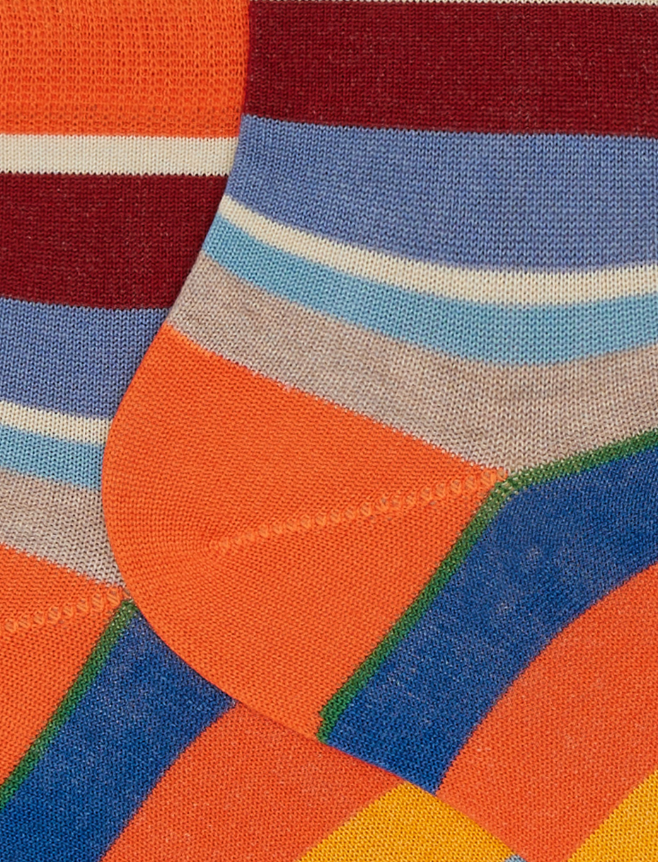 Women's low-cut lobster red lightweight cotton socks with multicoloured stripes - Gallo 1927 - Official Online Shop