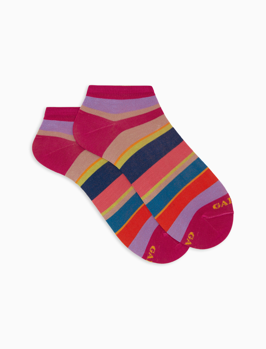Women's fuchsia cotton ankle socks with multicoloured stripes - Gallo 1927 - Official Online Shop