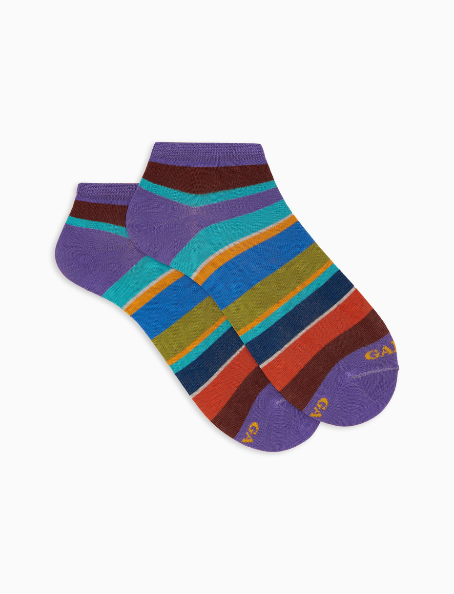 Women's purple cotton ankle socks with multicoloured stripes - Gallo 1927 - Official Online Shop