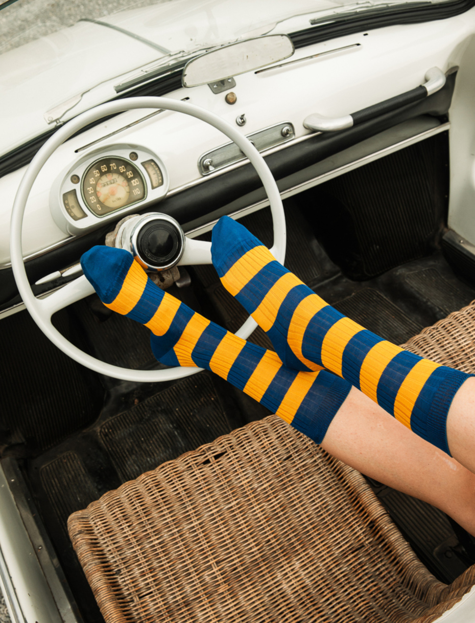 Women's long, blue royal light cotton socks with two-tone stripes - Gallo 1927 - Official Online Shop