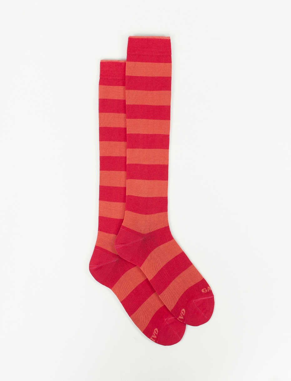 Women's long, cherry red light cotton socks with two-tone stripes - Gallo 1927 - Official Online Shop