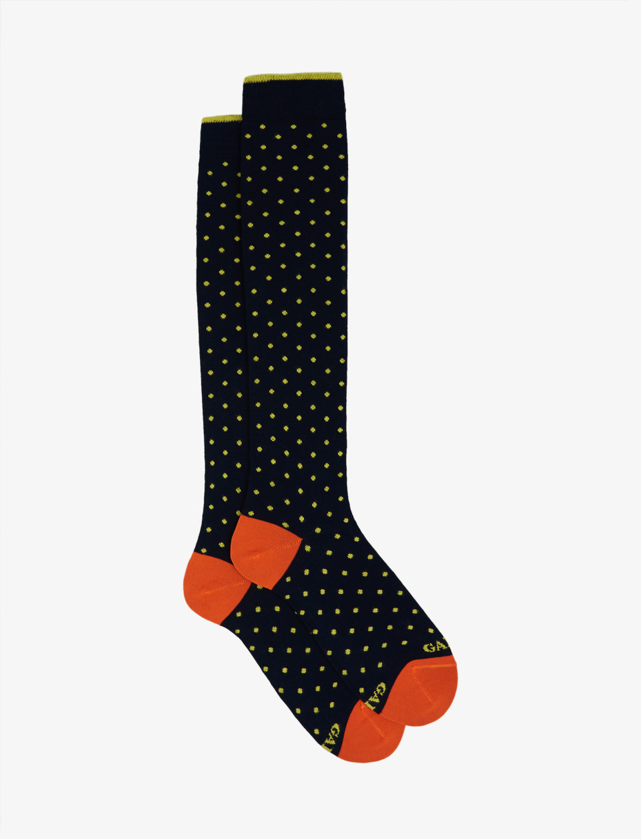 Women's long ocean blue/limoncello light cotton socks with polka dot pattern - Gallo 1927 - Official Online Shop