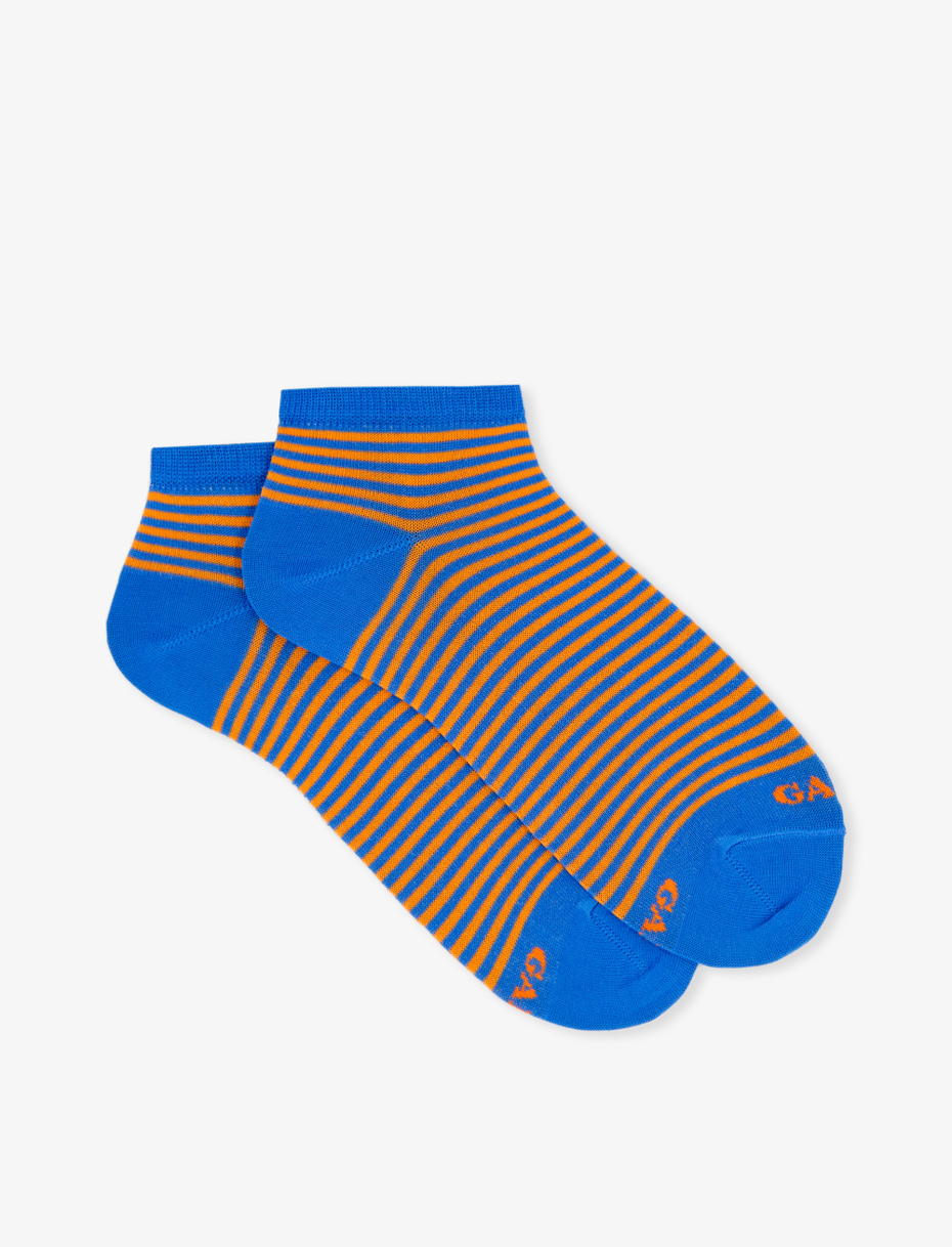 Women's Aegean blue light cotton ankle socks with Windsor stripes - Gallo 1927 - Official Online Shop