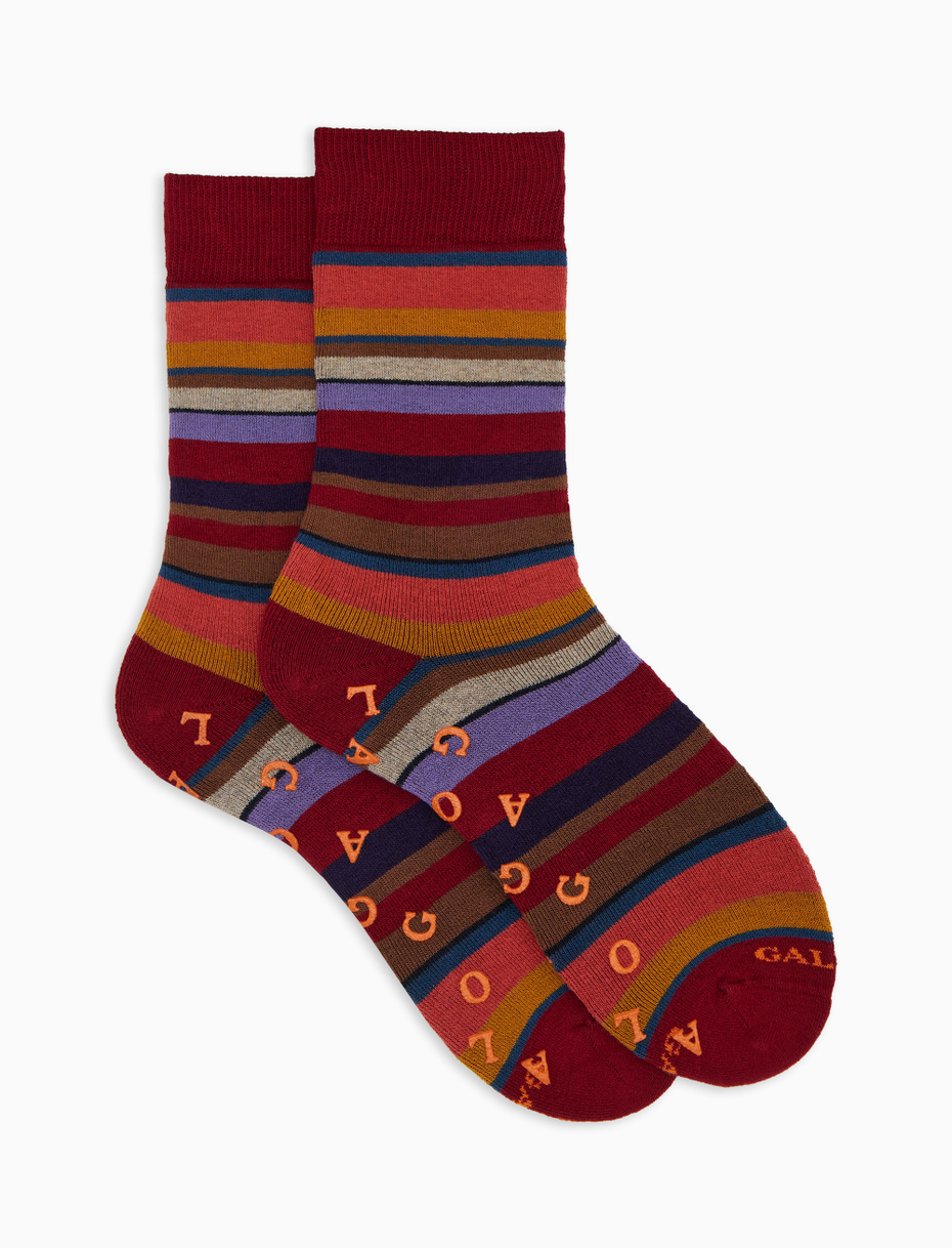 Women's short non-slip burgundy cotton socks with multicoloured stripes - Gallo 1927 - Official Online Shop