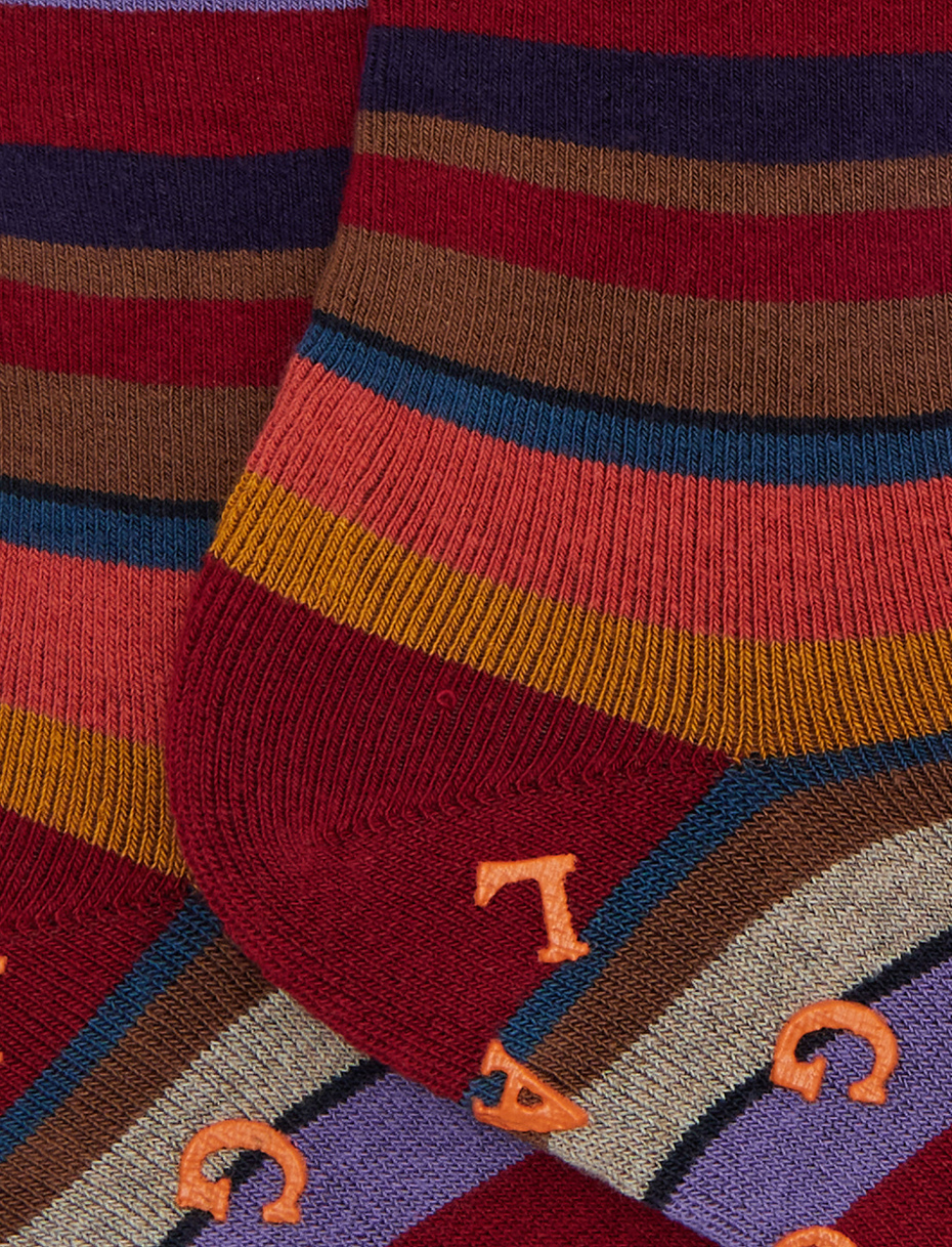 Women's short non-slip burgundy cotton socks with multicoloured stripes - Gallo 1927 - Official Online Shop