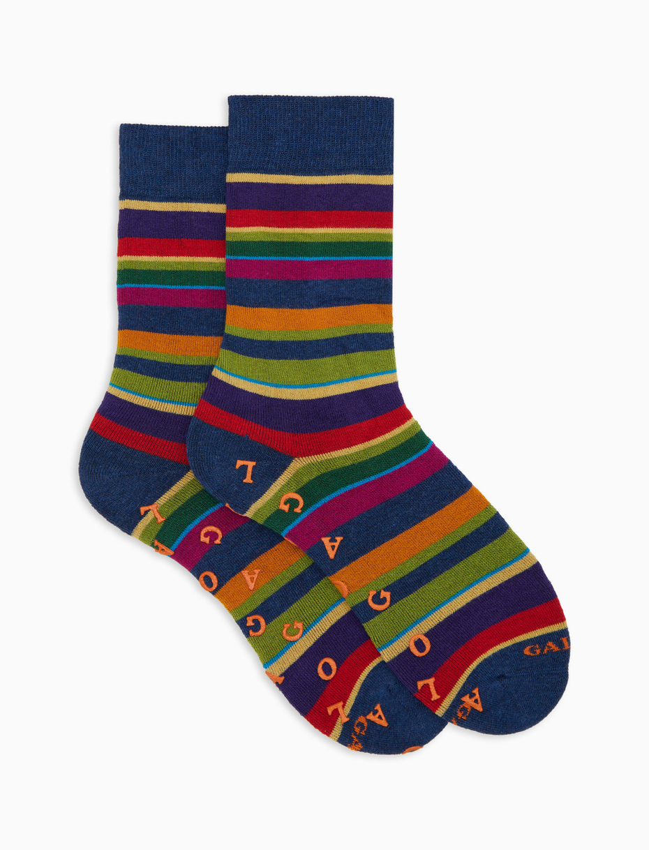 Women's short non-slip blue cotton socks with multicoloured stripes - Gallo 1927 - Official Online Shop