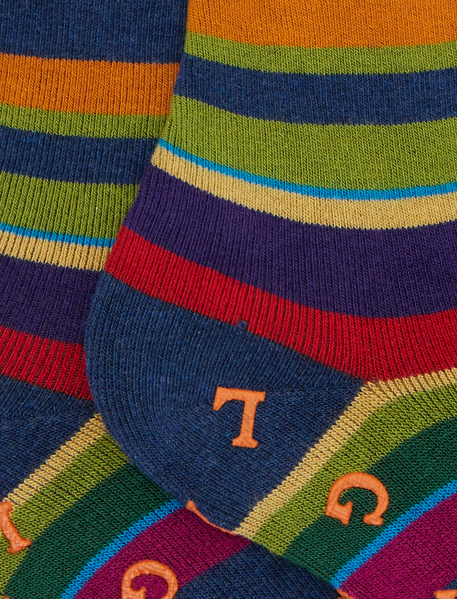 Women's short non-slip blue cotton socks with multicoloured stripes - Gallo 1927 - Official Online Shop