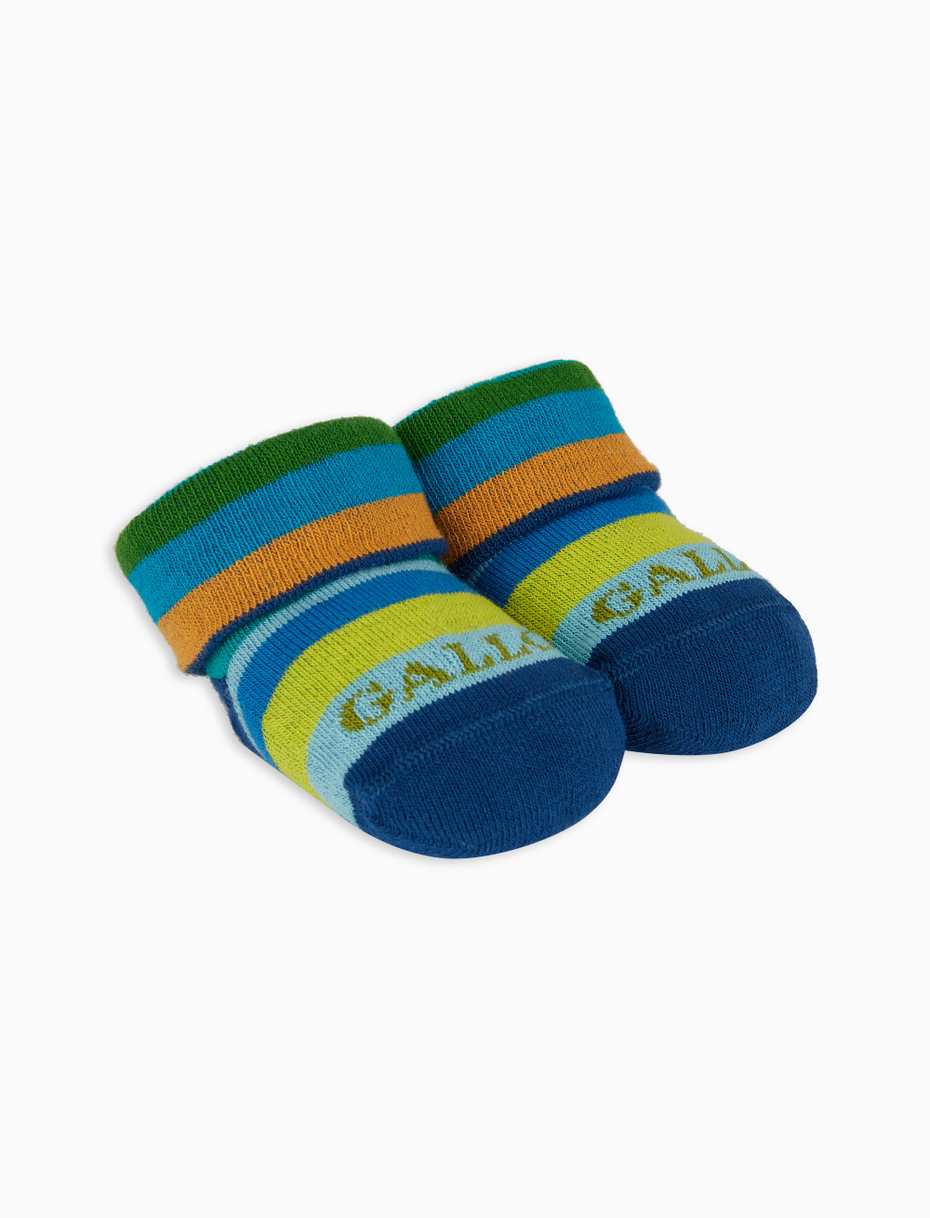 Kids' prussian blue cotton booties with multicoloured stripes - Gallo 1927 - Official Online Shop