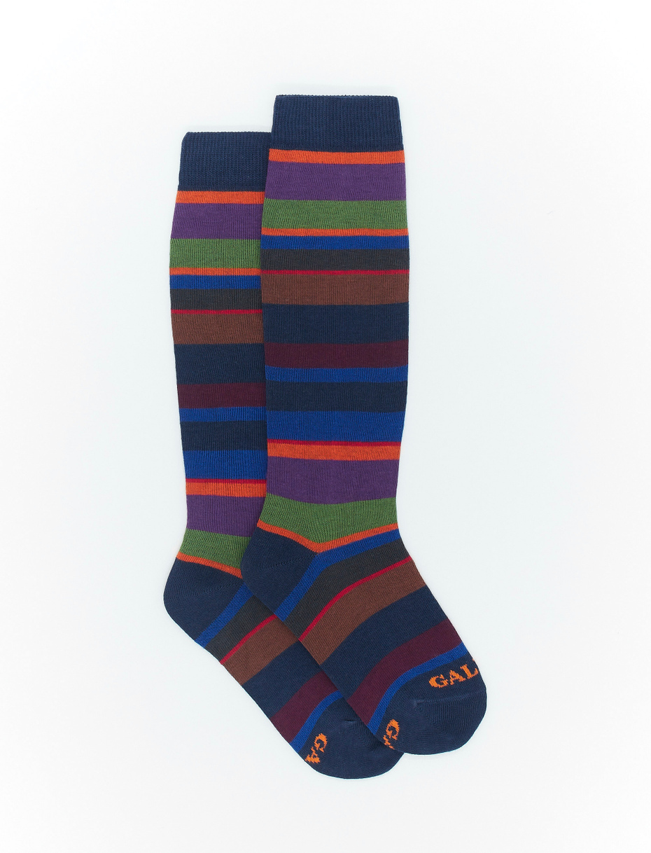 Kids' long royal blue cotton socks with multicoloured stripes - Gallo 1927 - Official Online Shop