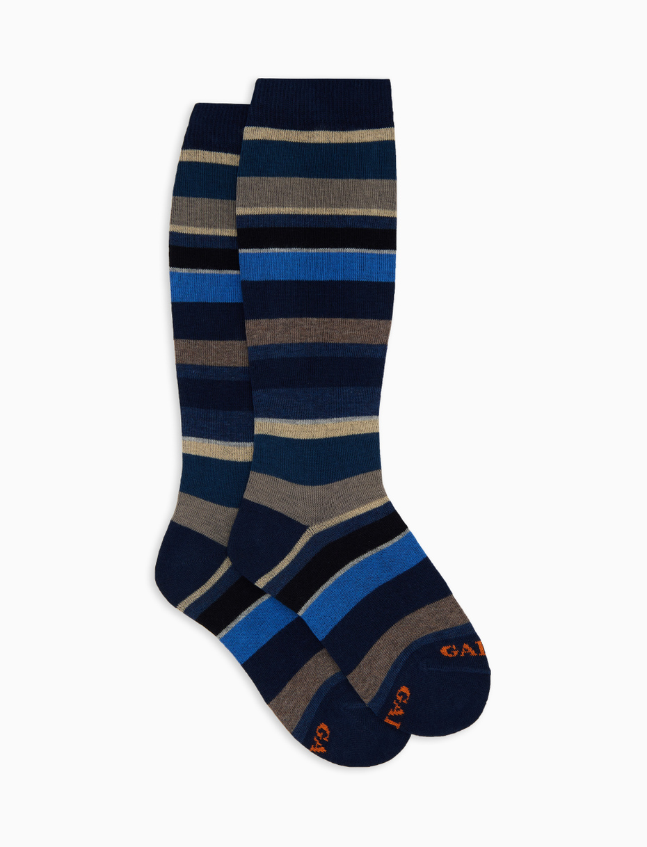 Kids' long blue cotton socks with multicoloured stripes - Gallo 1927 - Official Online Shop