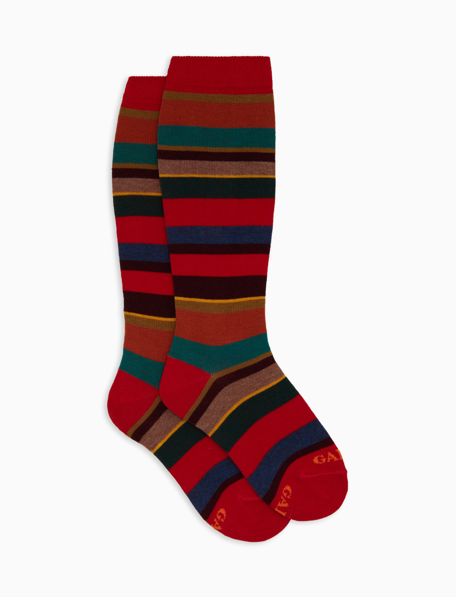 Kids long red cotton socks with multicoloured stripes Gallo