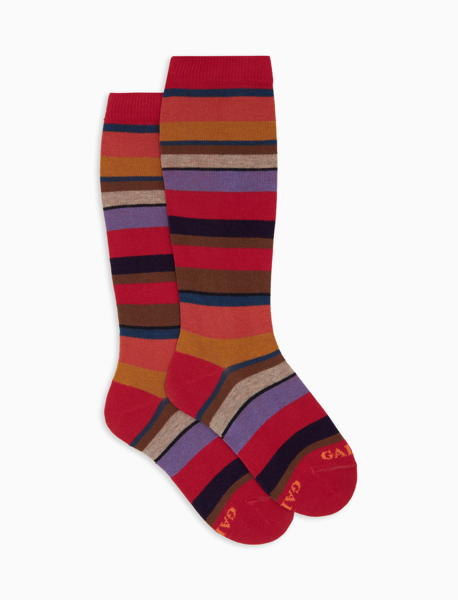 Kids' long red cotton socks with multicoloured stripes - Gallo 1927 - Official Online Shop