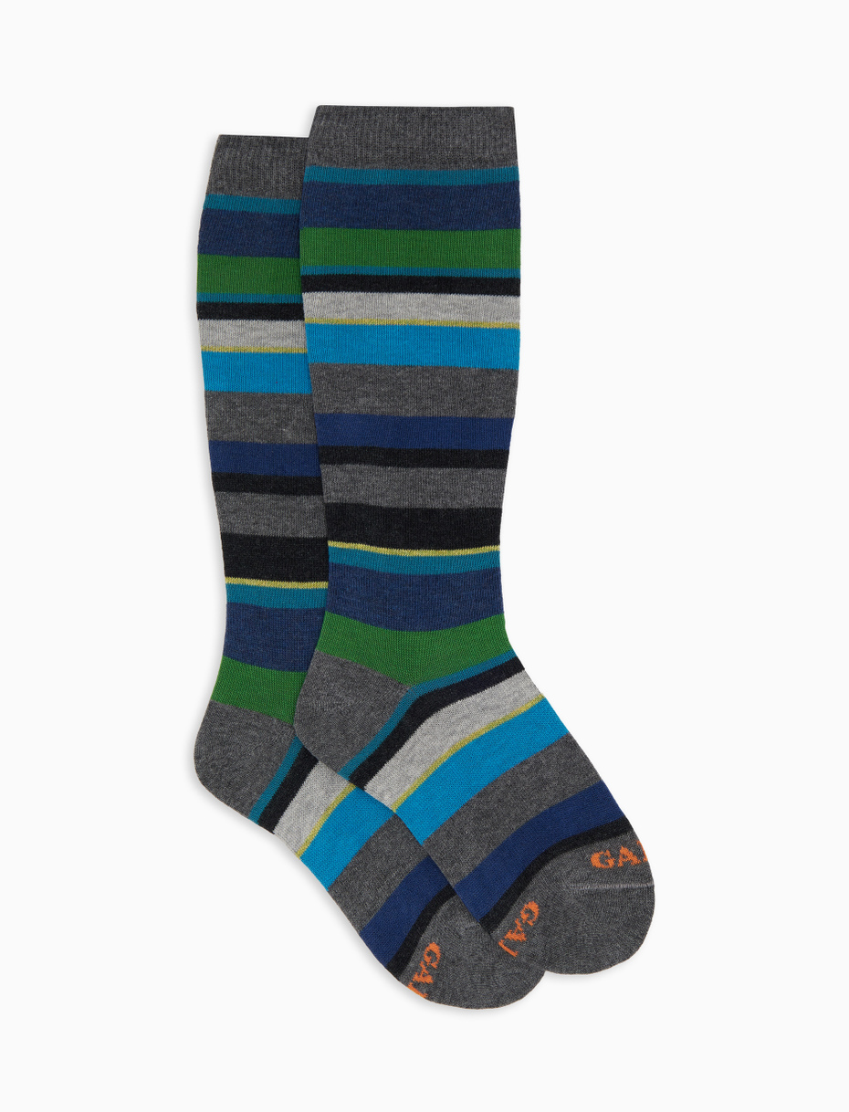 Kids' long grey cotton socks with multicoloured stripes - Gallo 1927 - Official Online Shop