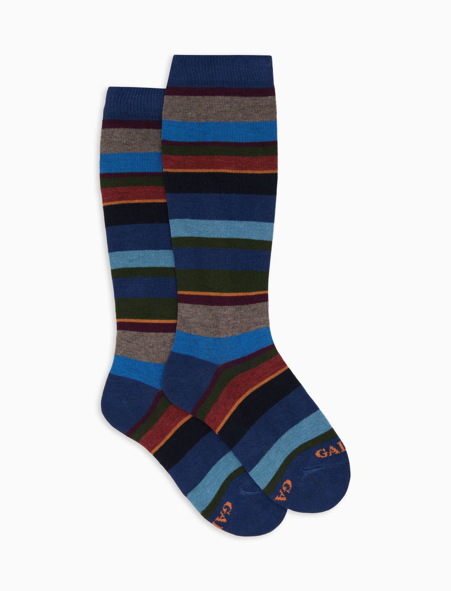 Kids' long blue cotton socks with multicoloured stripes - Gallo 1927 - Official Online Shop