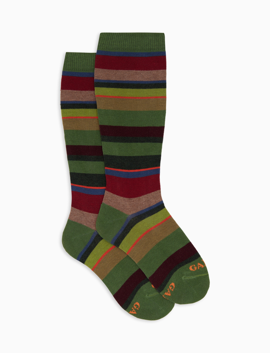 Kids' long green cotton socks with multicoloured stripes - Gallo 1927 - Official Online Shop