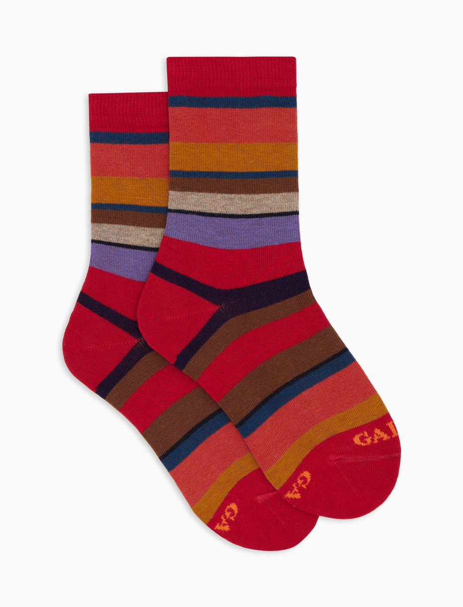 Kids' short red cotton socks with multicoloured stripes - Gallo 1927 - Official Online Shop
