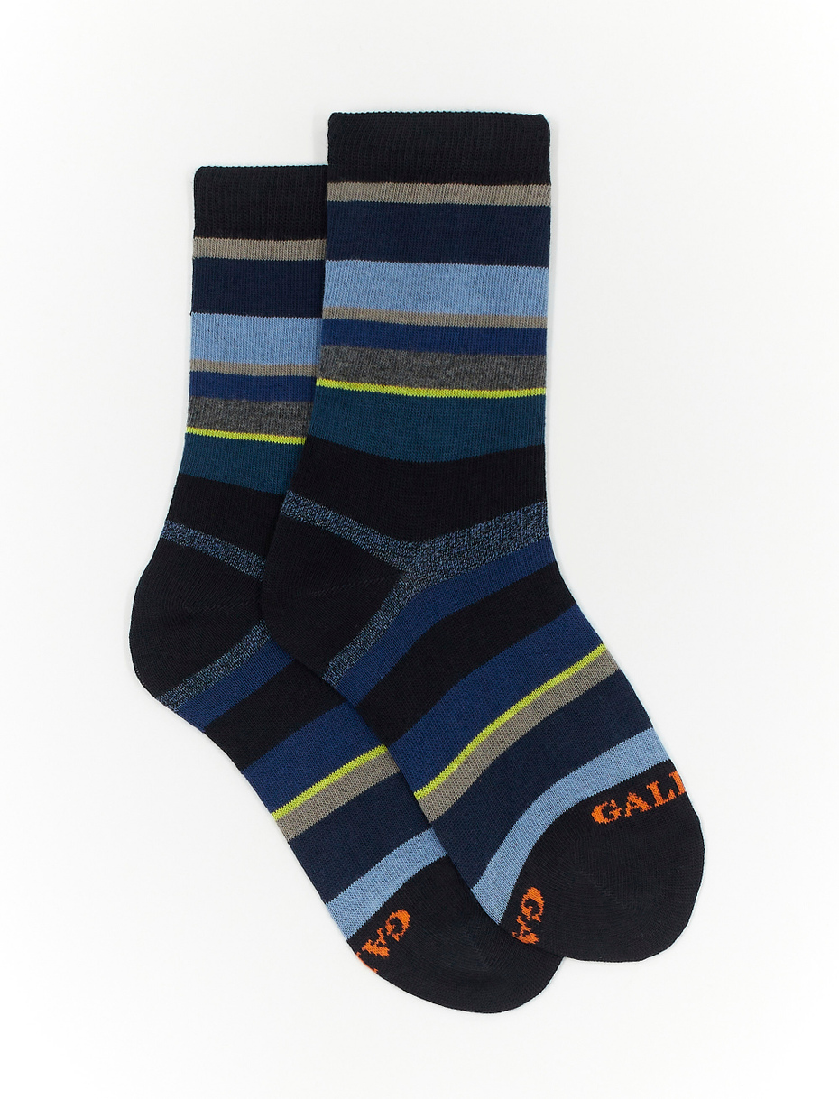 Kids' short blue cotton socks with multicoloured stripes - Gallo 1927 - Official Online Shop