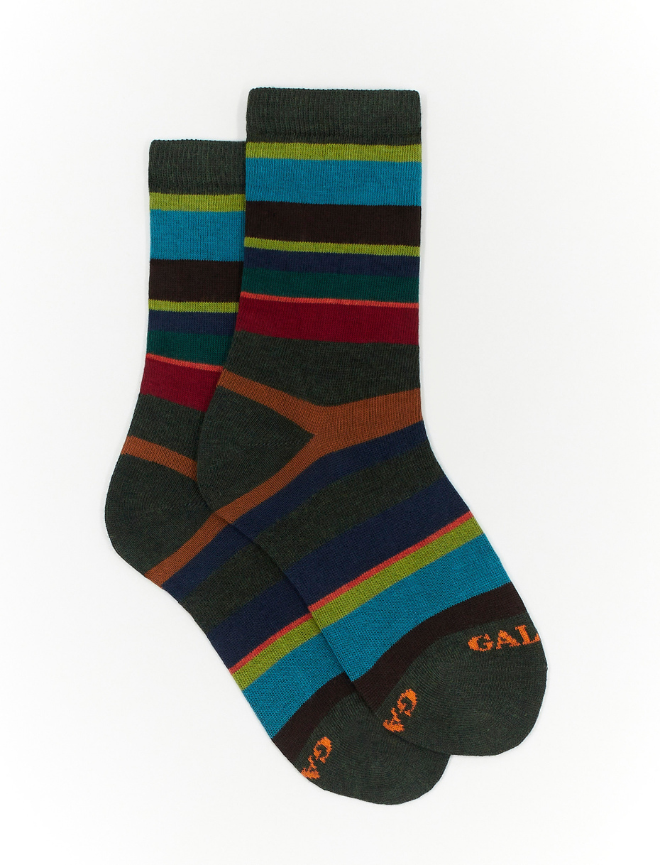 Kids' short forest green cotton socks with multicoloured stripes - Gallo 1927 - Official Online Shop