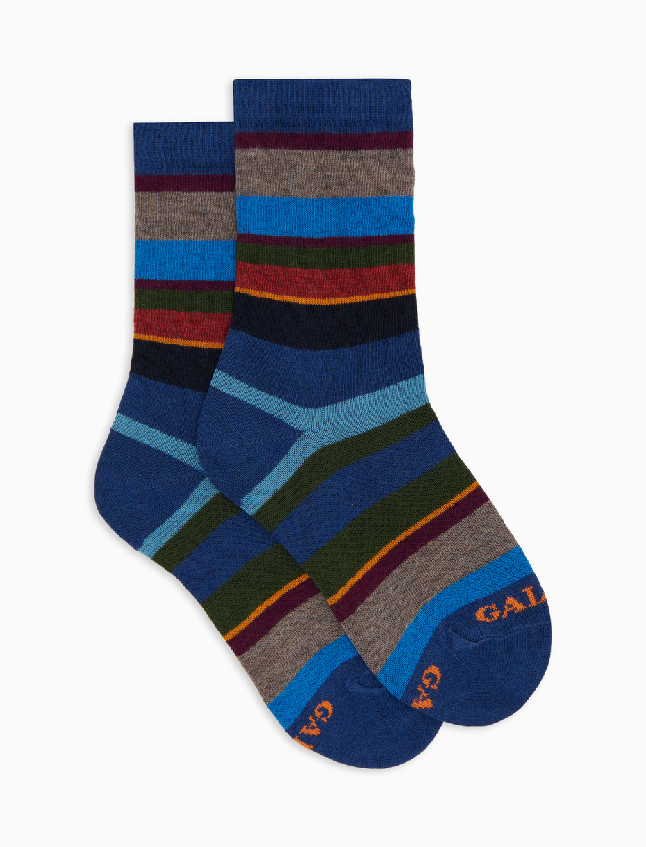 Kids' short blue cotton socks with multicoloured stripes - Gallo 1927 - Official Online Shop
