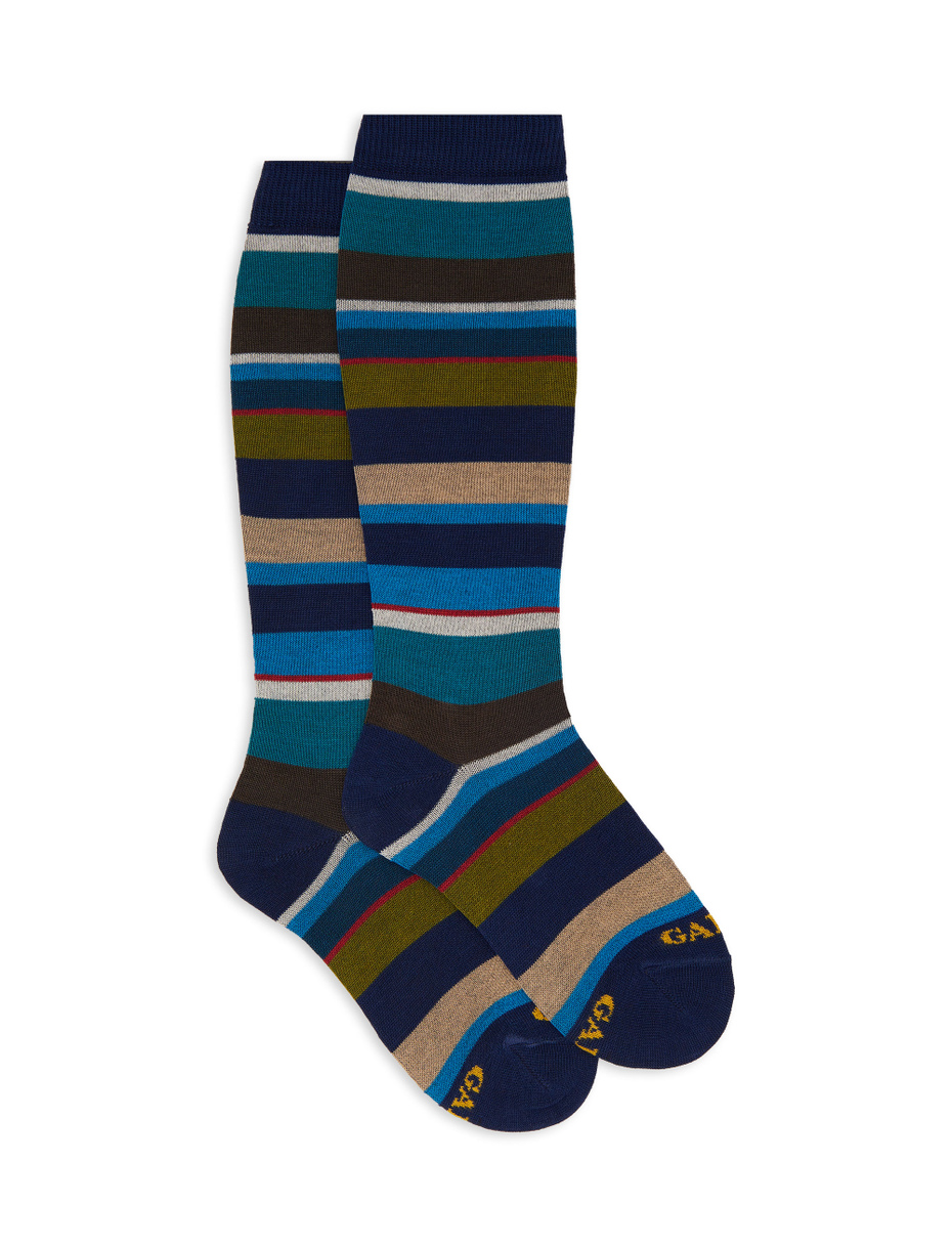 Kid's long blue cotton socks with multicoloured stripes - Gallo 1927 - Official Online Shop