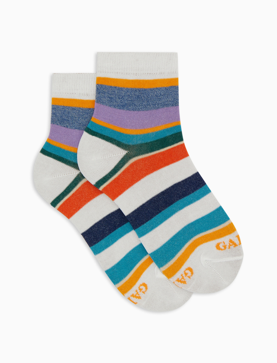 Kids' super short white cotton socks with multicoloured stripes - Gallo 1927 - Official Online Shop