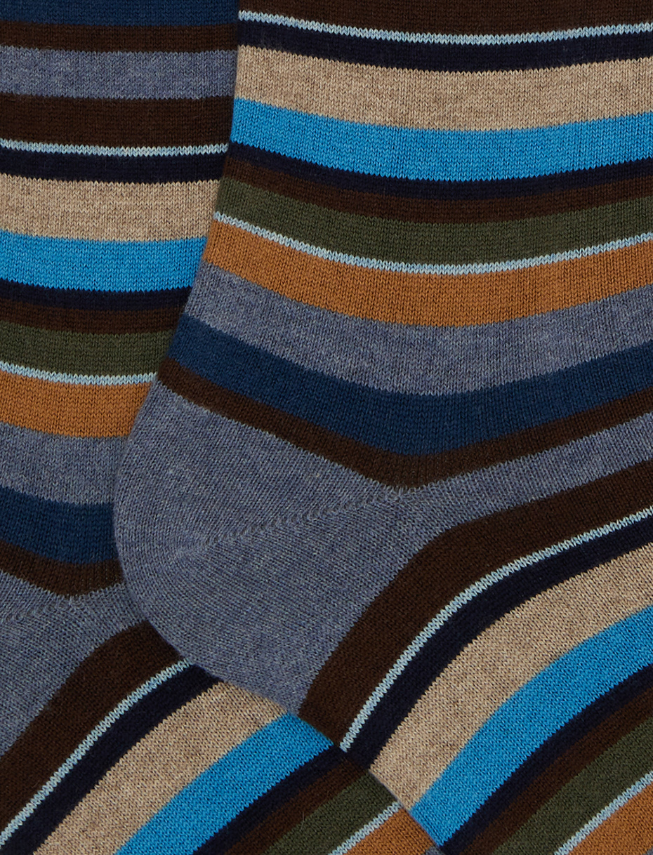 Men's long light blue cotton and cashmere socks with multicoloured micro stripes - Gallo 1927 - Official Online Shop