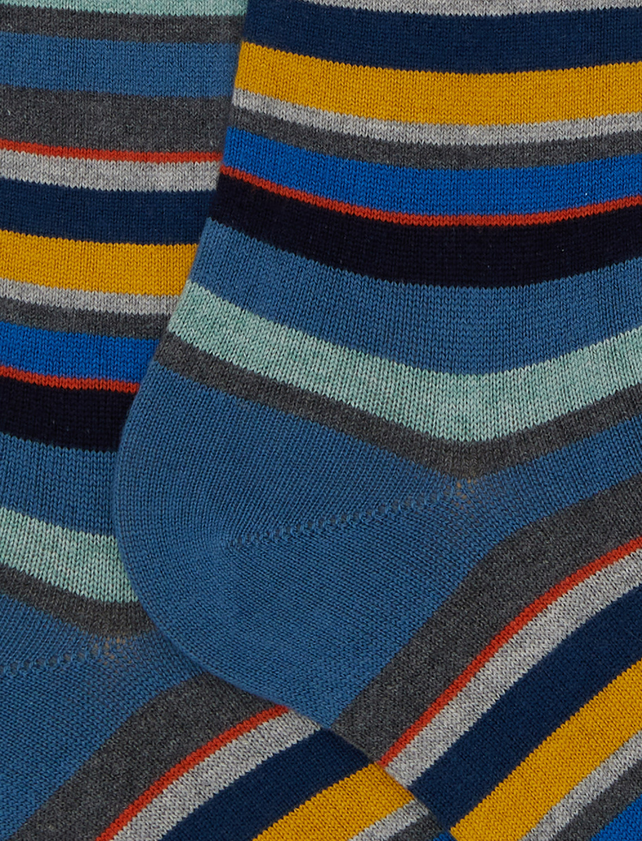 Men's long light blue cotton and cashmere socks with multicoloured micro stripes - Gallo 1927 - Official Online Shop