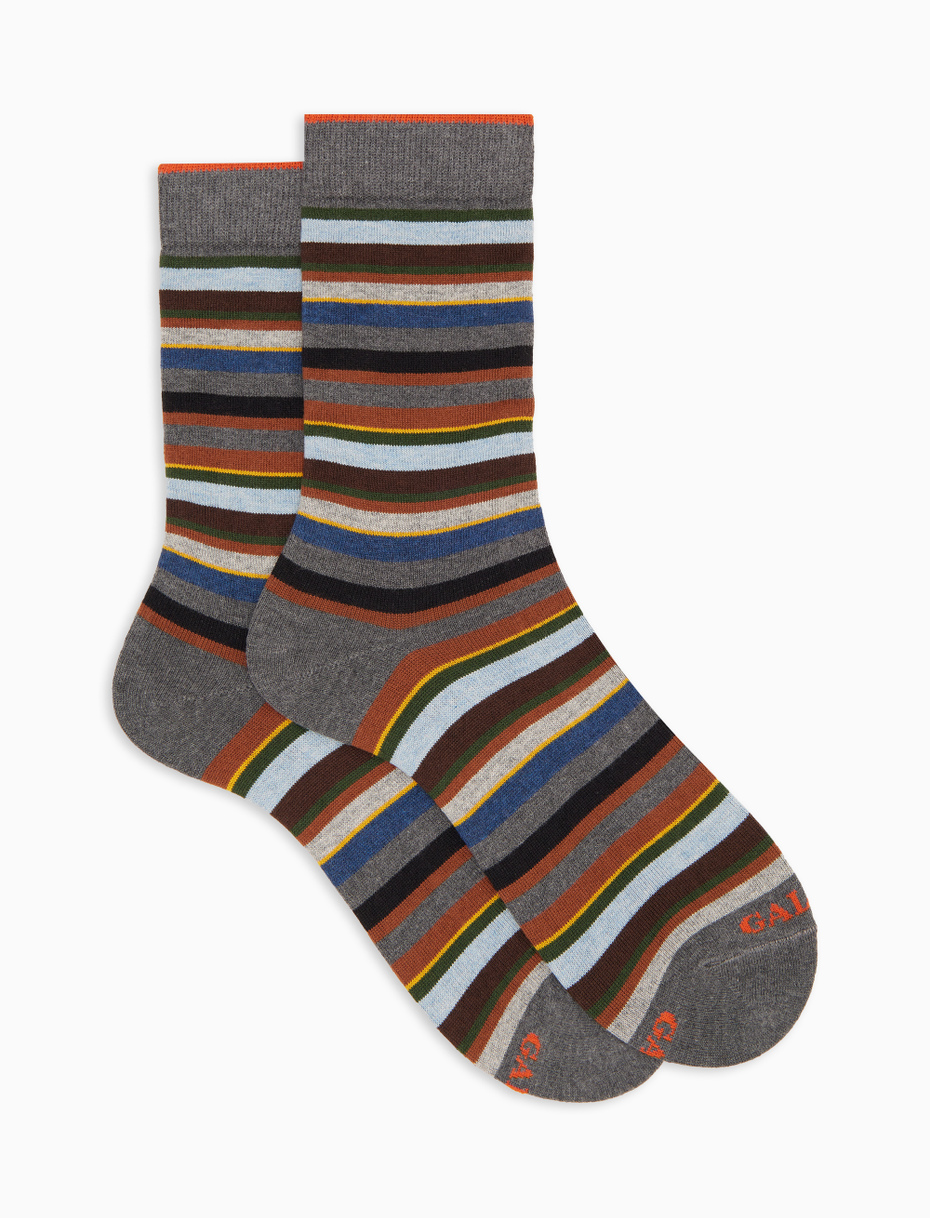 Men's short grey cotton and cashmere socks with multicoloured micro stripes - Gallo 1927 - Official Online Shop