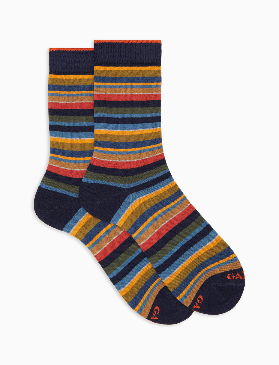 Men's short blue cotton and cashmere socks with multicoloured micro stripes - Gallo 1927 - Official Online Shop