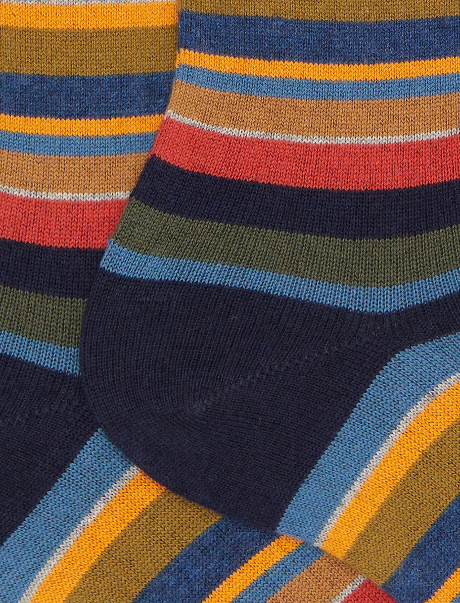 Men's short blue cotton and cashmere socks with multicoloured micro stripes - Gallo 1927 - Official Online Shop