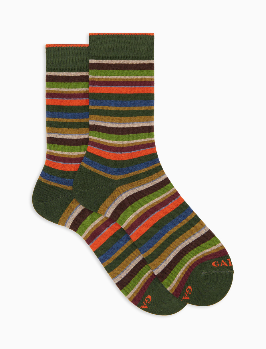 Men's short green cotton and cashmere socks with multicoloured micro stripes - Gallo 1927 - Official Online Shop