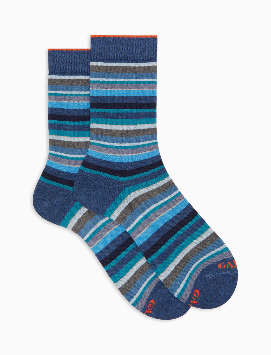 Men's short blue cotton and cashmere socks with multicoloured micro stripes - Gallo 1927 - Official Online Shop